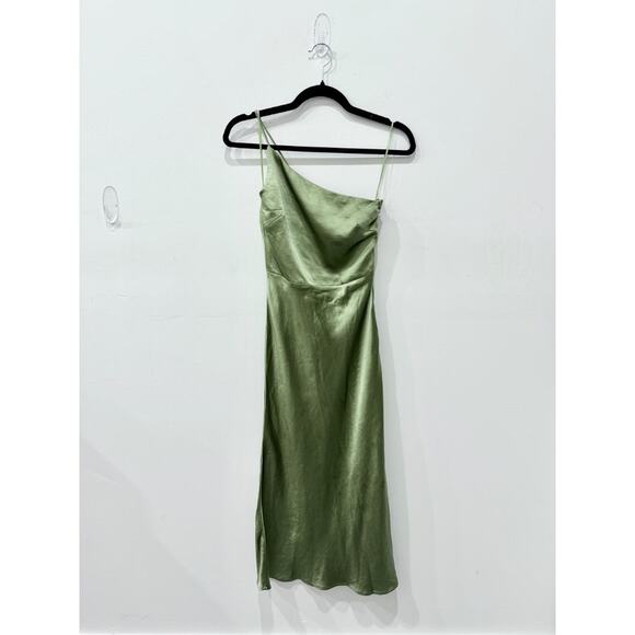 NWT Billy J Kimbra Satin One Shoulder Bridesmaid Midi Dress Olive Women's Size 2 - Picture 2 of 7